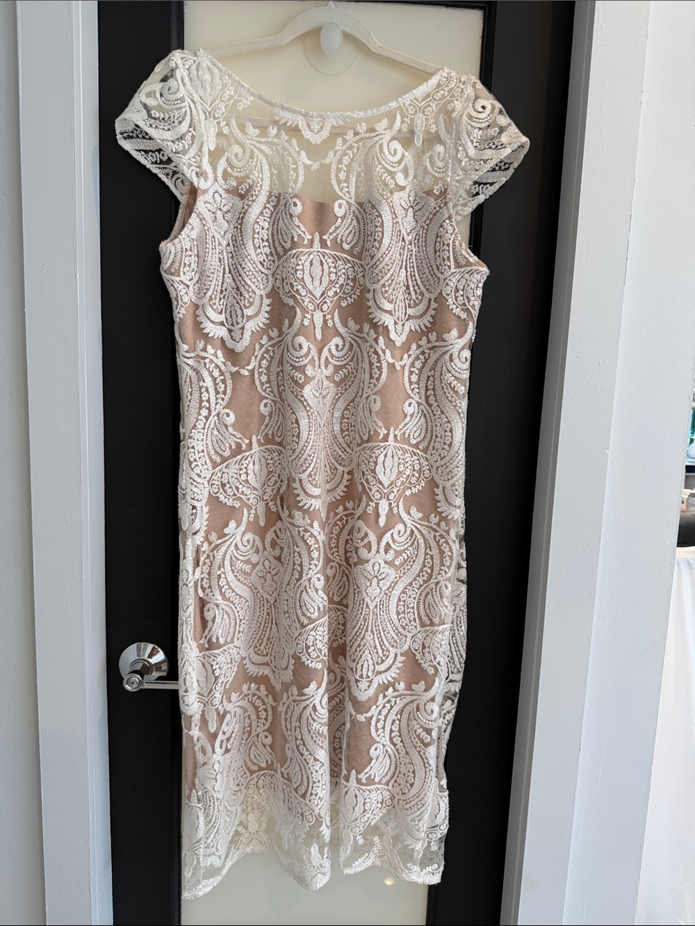 R&M Richards White Lace Over Nude Midi Dress